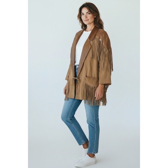 Outerwear by Phoenix Jackets & Blazers - vtg Outerwear By Phoenix tan suede ostrich leather trim rodeo fringe jacket sz L